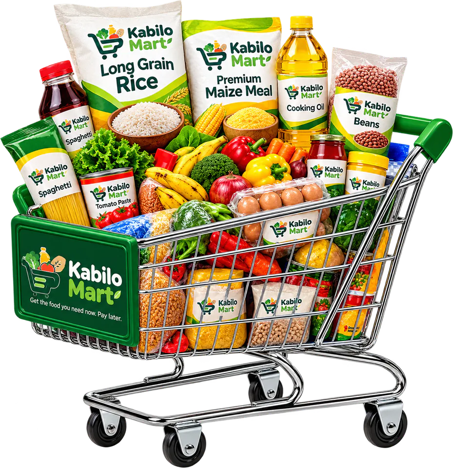 A shopping trolley full of Kabilo Mart groceries: rice, maize meal, oil, beans, eggs and fresh vegetables.